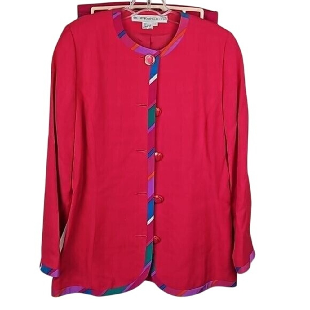 Vintage Anne Crimmins for UMI Hot Pink Bold Stripes Jacket Skirt‎ Suit Size 8